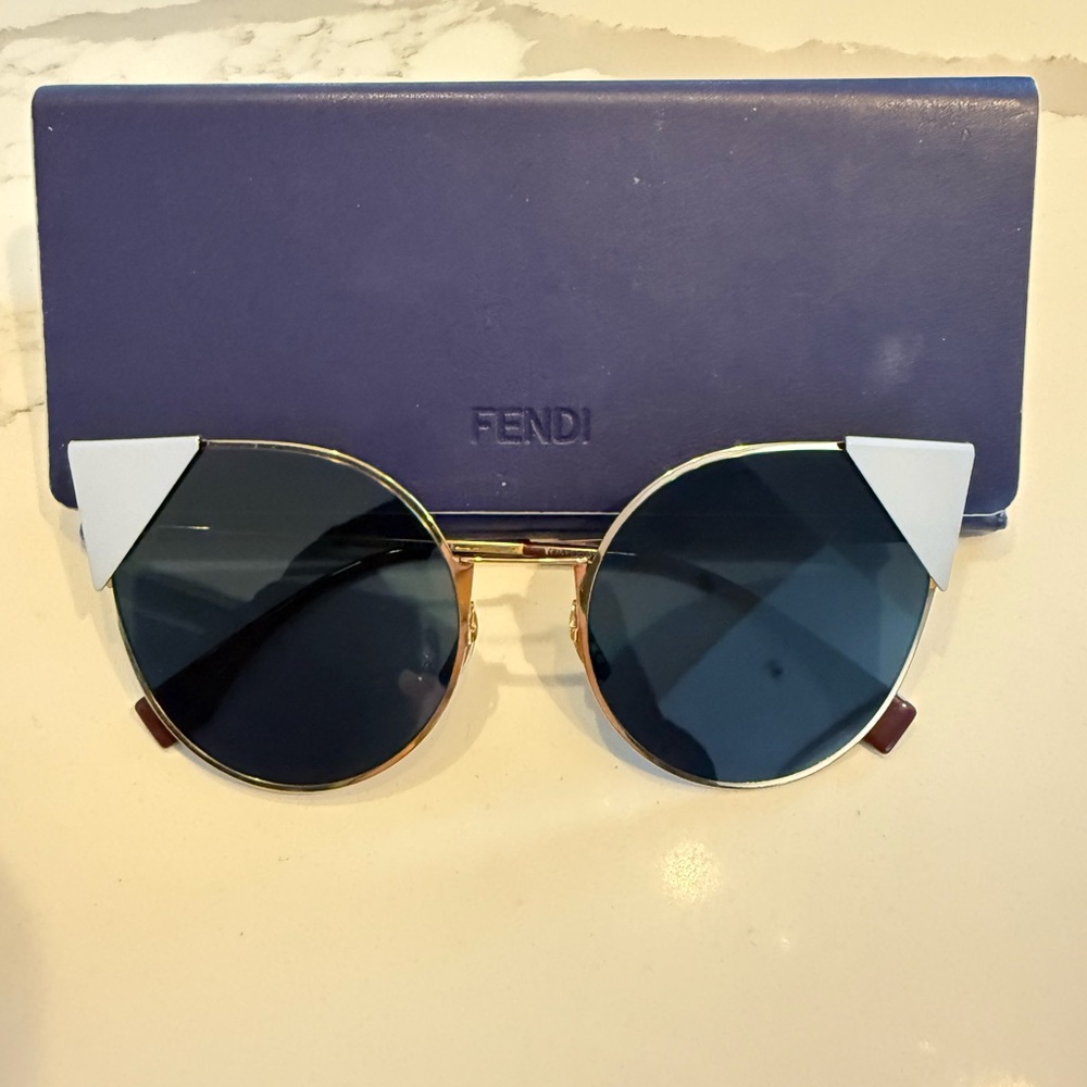 Fendi Gold Frame Sunglasses with Dark Blue Lenses and White Accents